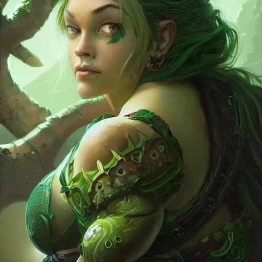 Prompt: green female ogre, deep focus, d & d, fantasy, intricate, elegant, highly detailed, digital painting, artstation, concept art, matte, sharp focus, illustration, hearthstone, art by artgerm and greg rutkowski and alphonse mucha