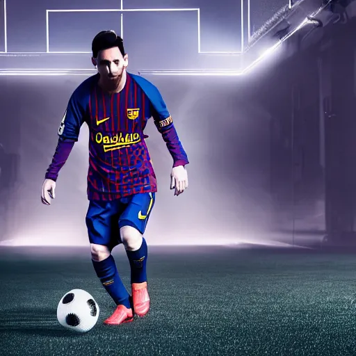 Prompt: messi, playing soccer, cyberpunk aesthetic, 4 k, high - res, highly - detailed