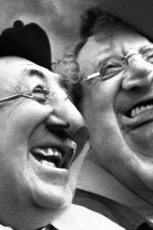 Image similar to close - up, photography of coluche and pierre desproges laughing, clouds everywhere