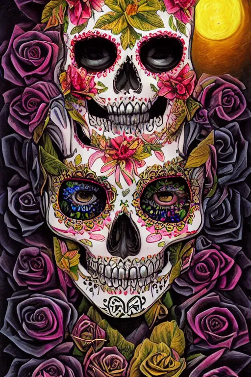 Image similar to illustration of a sugar skull day of the dead girl, art by dan seagrave