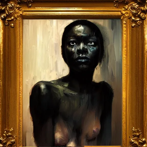 Prompt: palette knife oil painting portrait of a black nightmare in a room, extreme detail, liminal aesthetic, artgerm, deviant art, octane, substance, art history 8 k, by balthus