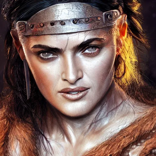 Prompt: portrait of salma hayek as barbarian warrior, au naturel, hyper detailed, digital art, trending in artstation, cinematic lighting, studio quality, smooth render, unreal engine 5 rendered, octane rendered, art style by klimt and nixeu and ian sprigger and wlop and krenz cushart.