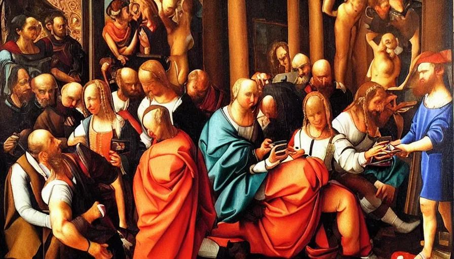 Image similar to people using smartphones!!, renaissance painting, oil painting, hyperdetailed