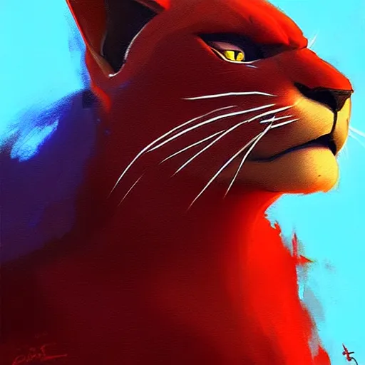 Image similar to big blue cat with red sable. turqoise background. painting by eddie mendoza, greg rutkowski