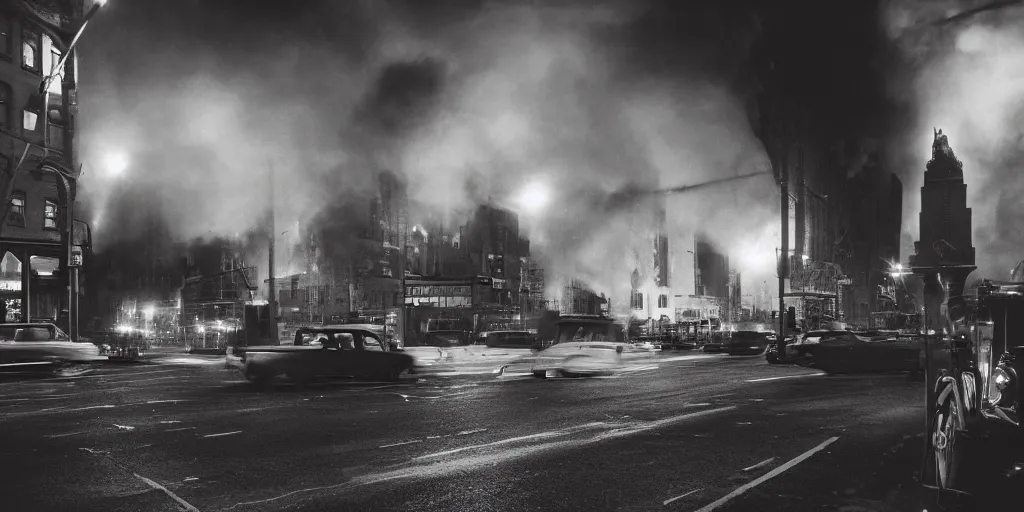 Image similar to high resolution photo of a new york street at night with an old church on fire surrounded with smoke and cars with bright headlights by robert capa, realistic photo, leica, cinematic lighting, magnum award winning photograph, parallax photography,