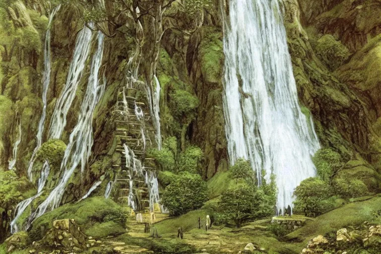 Image similar to an elven waterfall building by j. r. r. tolkien