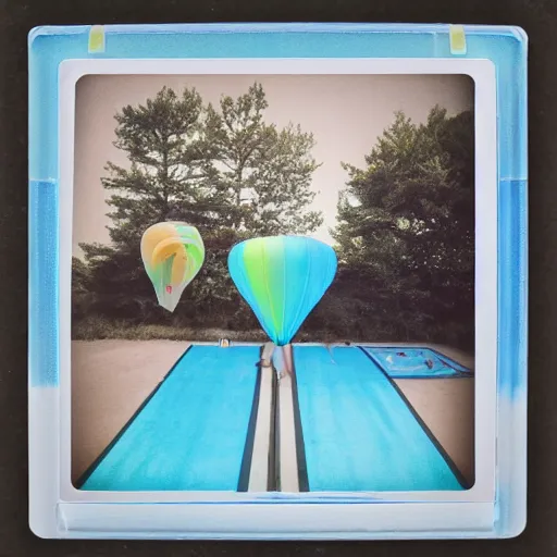 Image similar to a pastel colour high fidelity Polaroid art photo from a holiday album at a seaside with abstract inflatable parachute furniture, all objects made of transparent iridescent Perspex and metallic silver, no people, iridescence, nostalgic