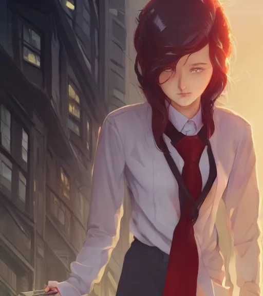 Prompt: a girl in a business, close up, sharp focus, red necktie, grey hair, serious expression, city background, digital painting, by tran ross and jordan grimmer and greg rutkowski, anime art, artstation, hd, smooth,