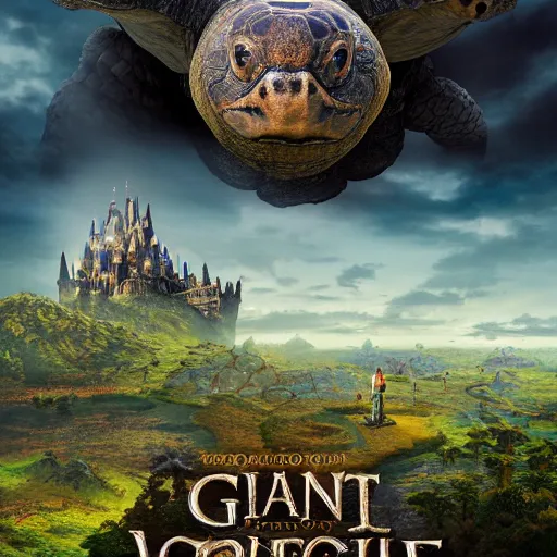 Image similar to giant tortoise walking with a large fantasy castle rising growing from the top of it, distant shot birds eye view, fantasy, hyper detailed, 4 k, howls moving castle, mortal engines,