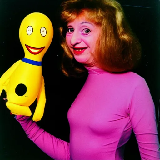 Image similar to 1976 woman wearing a long prosthetic snout nose and nostril, soft color wearing a leotard 1976 holding a smiley inflatable hand puppet color film 16mm Almodovar John Waters Russ Meyer Doris Wishman old photo