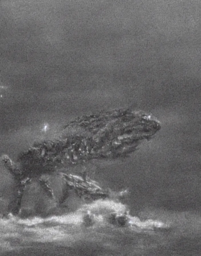 Image similar to a filmstill of a north korean monster movie, kaiju - eiga monster starfish - like trampling a traditional korean palace, foggy, film noir, epic battle, etheral, explosions, communist starfish, thriller, by akira kurosawa and wes anderson video compression