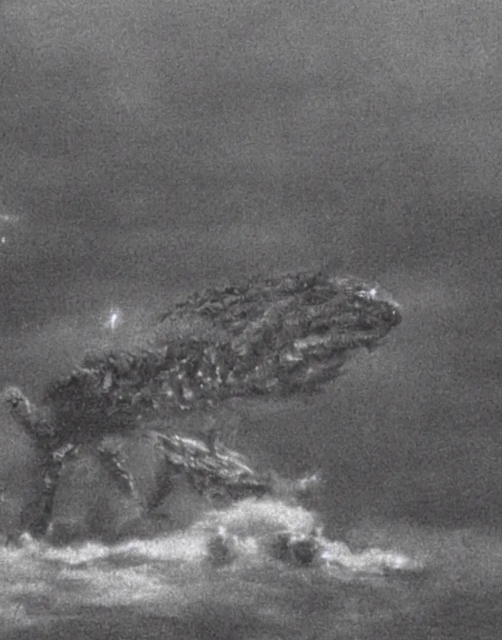 Prompt: a filmstill of a north korean monster movie, kaiju - eiga monster starfish - like trampling a traditional korean palace, foggy, film noir, epic battle, etheral, explosions, communist starfish, thriller, by akira kurosawa and wes anderson video compression