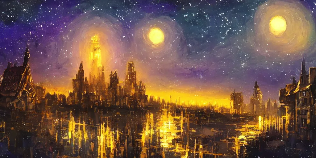 Image similar to stary night painting, artstation, tower, house, city