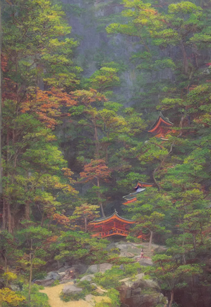 Image similar to a japanese temple in the mountain. gorgeous epic nature. yokai walking around, lofi, vivid colors, amazing light, by jeremy lipkin, by claude monet, heavily inspired by makoto shinkai, kandinsky touches, inspired by ghibli, masterpiece, multiple brush strokes, impressionist style