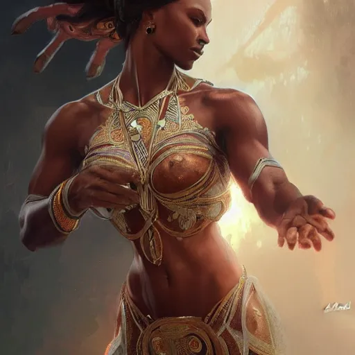 Image similar to full figure ultra realistic illustration, okoye, intricate, elegant, highly detailed, digital painting, artstation, concept art, smooth, sharp focus, illustration, art by artgerm and greg rutkowski and alphonse mucha