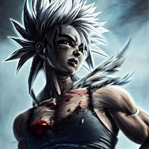 Prompt: fistfight, bloody, brutal, warrior girl, muscular girl, wild spiky black saiyan hair, long spiky hair, electrified hair, fistfighting, ultra realistic, intricate details, highly detailed, subsurface scattering, photorealistic, octane render, 8 k, art by artgerm, greg rutkowski, magali villeneuve, alphonse mucha