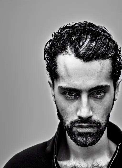 Prompt: black and white head shot, studio photograph of a male symmetrical handsome andrea belluci the painter artist, casual clothes, anxiety and depression, intricate, elegant, highly detailed, hyper realistic, dark background, flickr, smooth, 4 k, 3 0 0 dpi, sharp focus, shot by canon