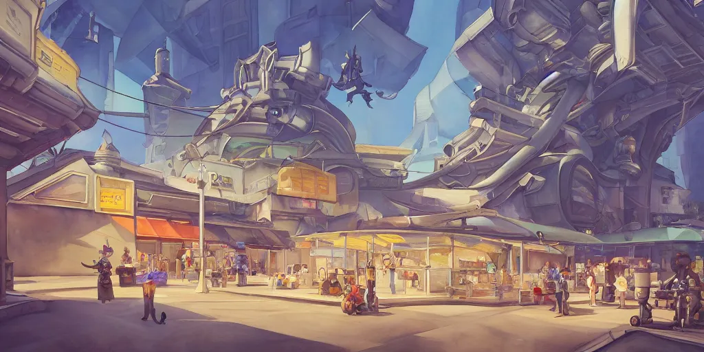 Image similar to overwatch building, stylized, exterior, architecture, in watercolor gouache detailed paintings, insanely detail, artstation, 8 k, futuristic, big medium small, arcane, simon stalenhag, food stall, interesting shapes & form, golden ratio, megastructures, vitaly bulgarov, mall, jungle, environment, nature, zaha hadid, night, afterdark