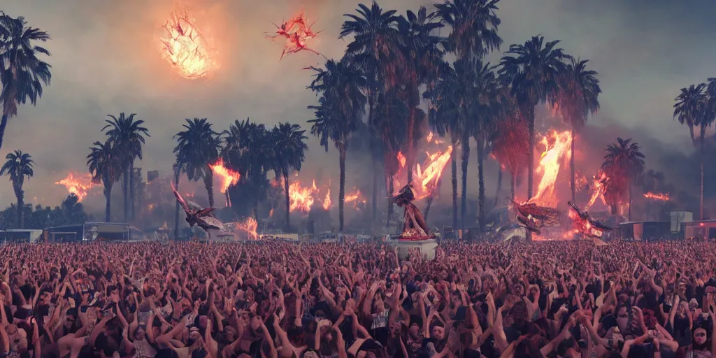 Prompt: realistic cinematic views of a orwellian coachella with fires in the background and dead seagulls falling from the sky in front of the main stage worshipping a large statue of kylie jenner, hyper detailed, terror glows, hyper realistic, digital painting, 8 k, 3 5 mm film grain, octane render