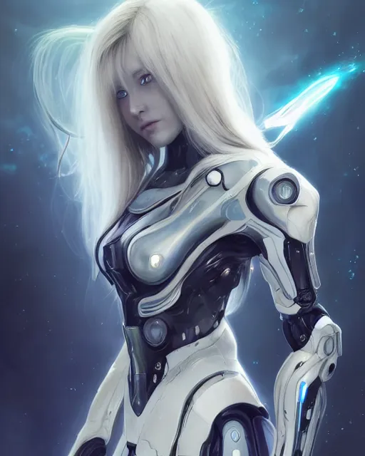 Image similar to perfect android girl on a mothership, warframe armor, beautiful face, scifi, futuristic, galaxy, nebula, raytracing, dreamy, digital painting, long white hair, blue cyborg eyes, sharp focus, intricate, highly detailed, artstation, intricate, innocent, art by gauthier leblanc, kazuya takahashi, huifeng huang