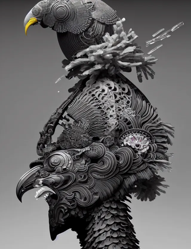 Image similar to 3 d hard surface modelling goddess close - up profile portrait with ram skull. beautiful intricately detailed japanese crow kitsune mask and clasical japanese kimono. betta fish, jellyfish phoenix, bio luminescent, plasma, ice, water, wind, creature, artwork by tooth wu and wlop and beeple and greg rutkowski