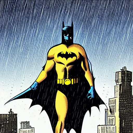 Prompt: Batman standing on the roof of a building in the rain, storm lightning behind him, comics style