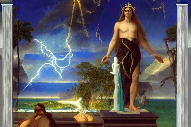 Image similar to Occult spirit on front of balustrade and palace columns, refracted lightnings on the ocean, thunderstorm, tarot cards characters, beach and Tropical vegetation on the background major arcana sky and occult symbols, by paul delaroche, hyperrealistic 4k uhd, award-winning, very detailed paradise