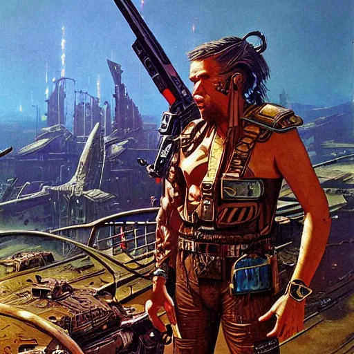 Image similar to sci - fi, dystopian bounty hunter, art by bruce pennington