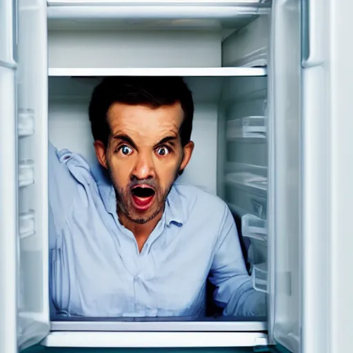 Prompt: man hiding inside of refrigerator