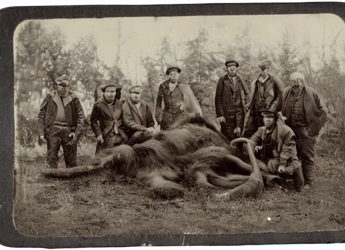 Image similar to tintype photo group of hunters with a giant dead woolly mammoth on the ground by their feet