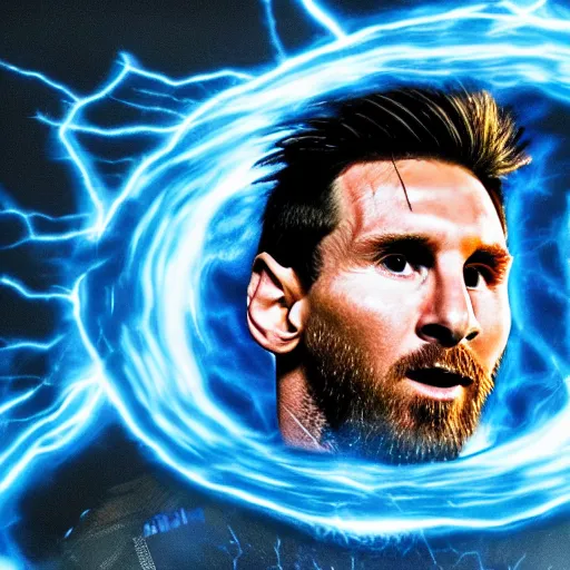 Image similar to lionel messi running extremely fast engulfed in blue lightning vortex, 8 k