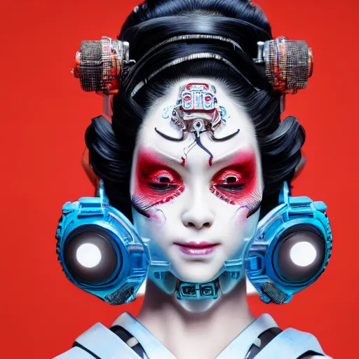 Prompt: A cybernetic geisha face, geisha face paint, cyborg, intricate artwork by Tooth Wu and beeple, greg rutkowski and artgerm and justin gerard, cinematic, hyper realism, high detail, octane render, unreal engine, 8k, Vibrant colors, Smooth gradients, High contrast, depth of field, aperture f2.8