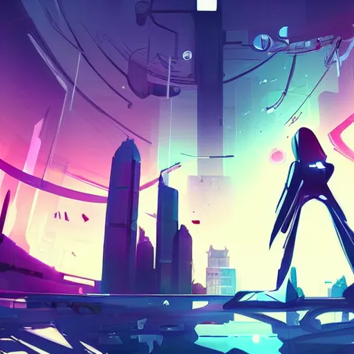 Image similar to stylish colors. Sci-fi cityscape in style of cytus and deemo, mysterious vibes, set in half-life 2, beautiful with eerie vibes, very inspirational, very stylish, surrealistic, perfect digital art, mystical journey in strange world, bastion game