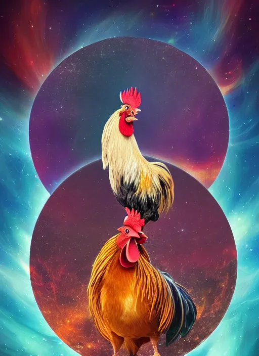 Image similar to rooster in a planetary scene, mystical, astral, digital art, concept art, 4 k hd, symmetrical portrait