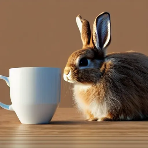 Prompt: hyperrealistic detailed medium shot low angle image, deep depth of field of fluffy brown rabbit sitting behind the table, in front of it cup of coffee with milk. small and structured. 8 k, 3 d render by roger magrini, very cohesive, masterpiece