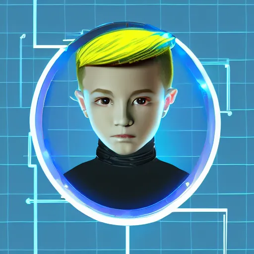 Prompt: vector icon of a young cyberpunk boy\'s head in light blue metallic iridescent material, 3d render isometric perspective on dark background