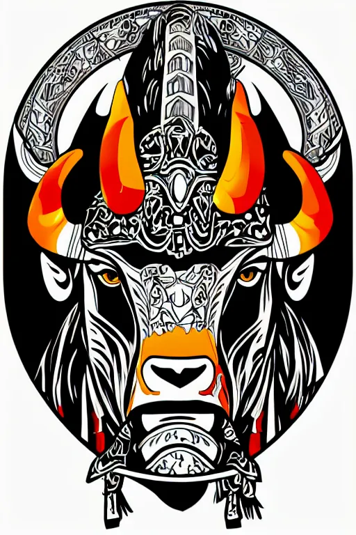 Image similar to A portrait of a bull as evil warlord general, sticker, Anthropomorphized, portrait, highly detailed, colorful, illustration, smooth and clean vector curves, no jagged lines, vector art, smooth