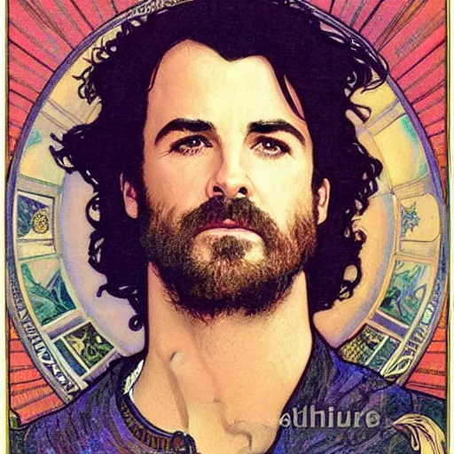 Image similar to justin theroux portrait by louis - theophile hingre and alphonse mucha, realistic, sharp focus, zodiac signs, tarot cards, planets, ethereal, art nouveau, magic, moon, sun, crown, dreamy, royal, jewellery