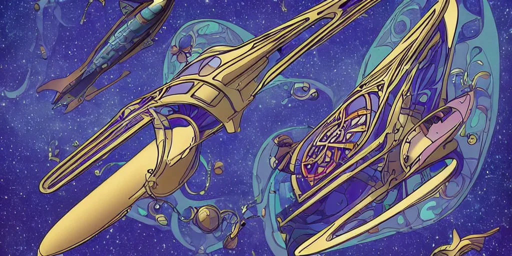 Prompt: Art Nouveau style starship flying in space