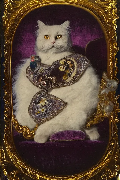 Prompt: a magnificent tintype portrait of a fluffy fat cat on an embroidered velvet cushion on a neo - rococo gilded little bed with precious stones, ball of yarns all around, by david lachapelle, photorealistic, photography, wide shot, silly looking