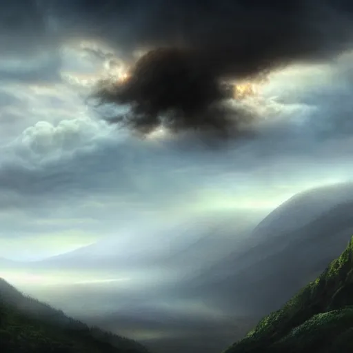 Image similar to a dark cloudy hand in the sky trying to reach the ground in a valley, matte painting, fantasy art