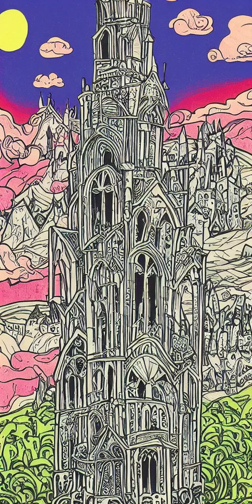 Image similar to mcbess illustration of a gothic tower, rainbow gouache