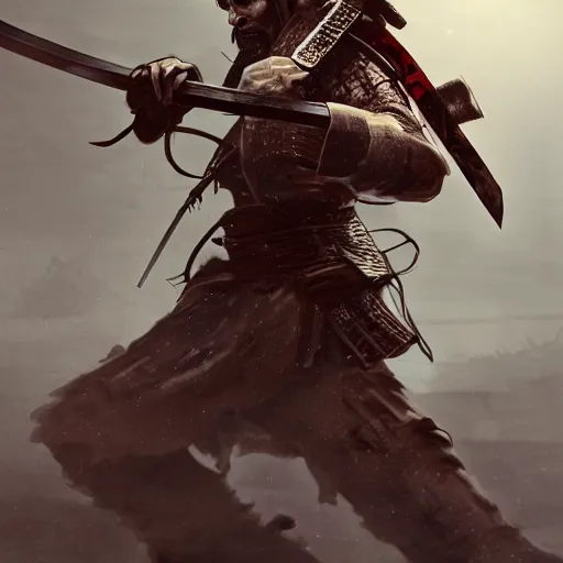 Image similar to Portrait of Sickly diseased dying Samurai warrior wielding a katana, by Feng Zhu, highly detailed, excellent composition, cinematic concept art, dramatic lighting, trending on ArtStation