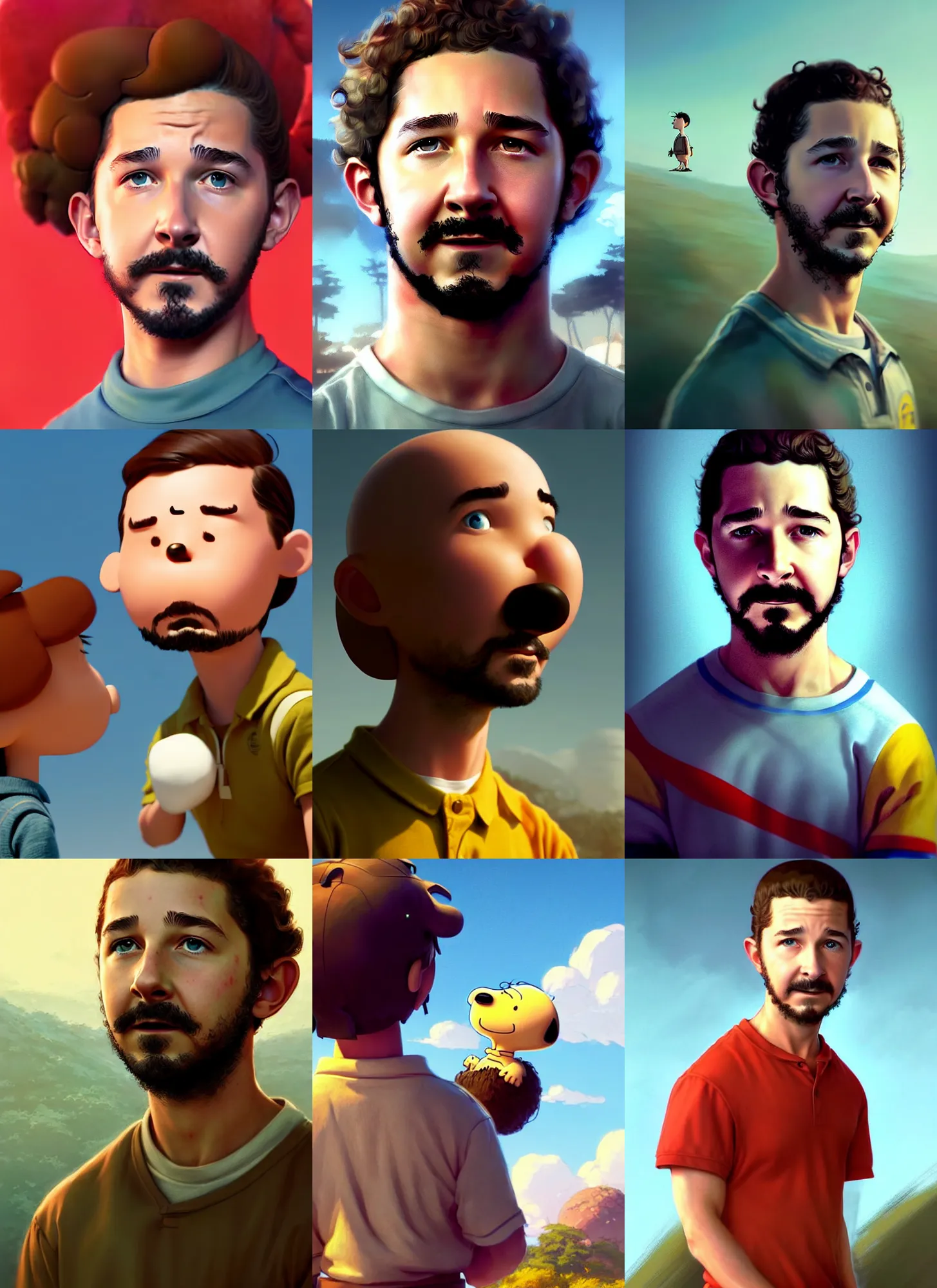 Prompt: beautiful portrait of shia labeouf playing charlie brown in a michael bay movie. character design by disney, charlie bowater, ross tran, artgerm, and makoto shinkai, detailed, soft lighting, rendered in octane