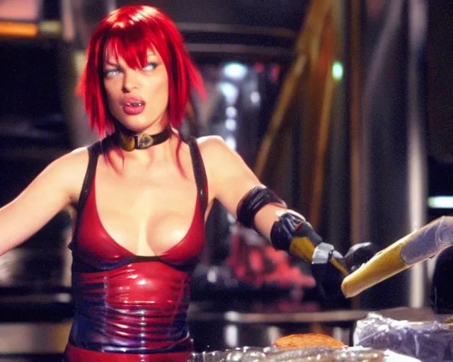 Image similar to mila jovovich as leeloo from the 5th element showing off her baking skills on america's got talent, 4k tv still, cdx