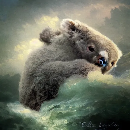 Prompt: sea koala by elena vizerskaya and ivan aivazovsky, perfectly detailed, artstation, sharp focus, highly detailed, studio photography, impresion de giclee arte abstracto, award winning