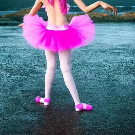 Prompt: hisoka wearing a pink tutu ballet dress with a shiny chrome sword in his hand while standing on a rainy beach with girls in colorfull bikini ‘ s in the back, anime style, 4 k, high detail, minimalistic,