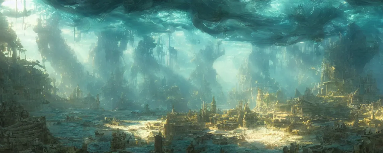 Prompt: a scenic landscaping view of the lost and abandoned city of Atlantic under water, ray of sunlight, mermaids in distance, Greg Rutkowski, Moebius, Mohrbacher, Mucha, blue and gold color scheme, light effect