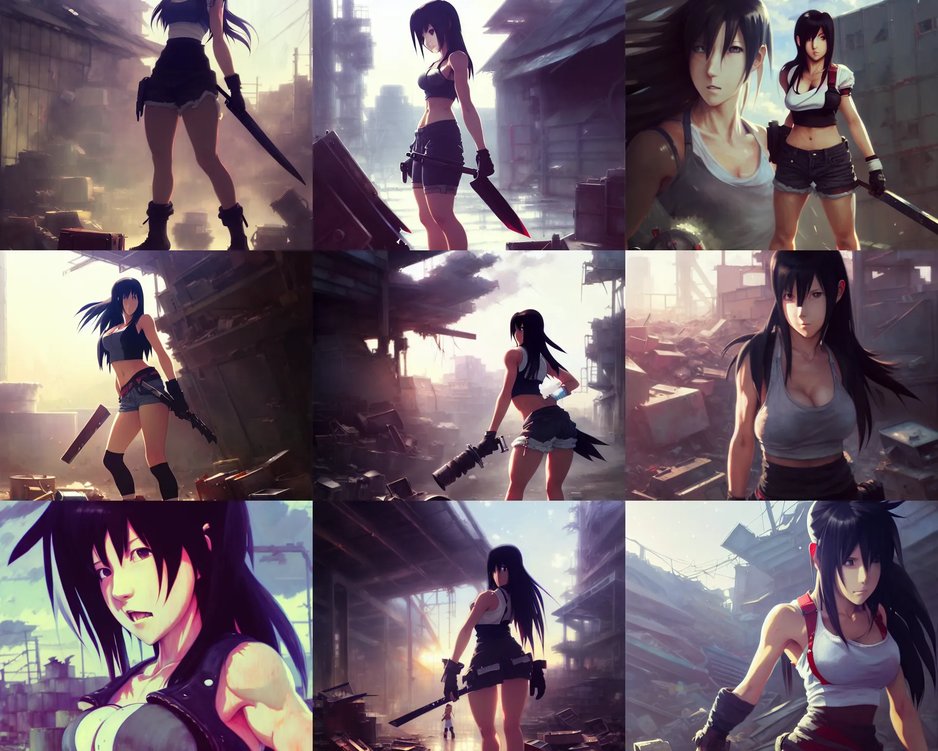 Prompt: tifa lockhart scavenging in a scrapyard, hyperrealistic, trending on pixiv fanbox, painted by greg rutkowski makoto shinkai takashi takeuchi studio ghibli, akihiko yoshida