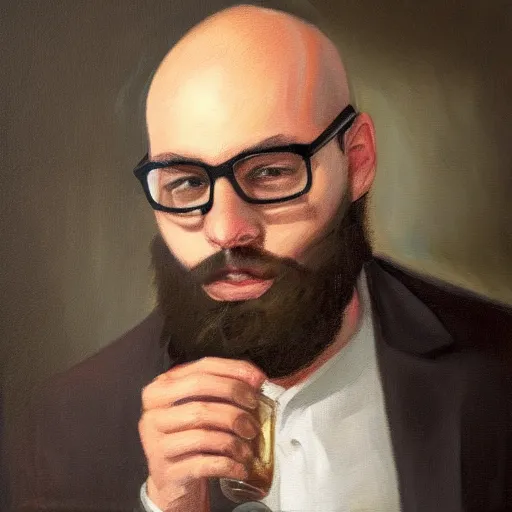Prompt: oil painting, portrait of a young bald bearded man wearing glasses drinking whiskey, highly detailed, trending on artstation